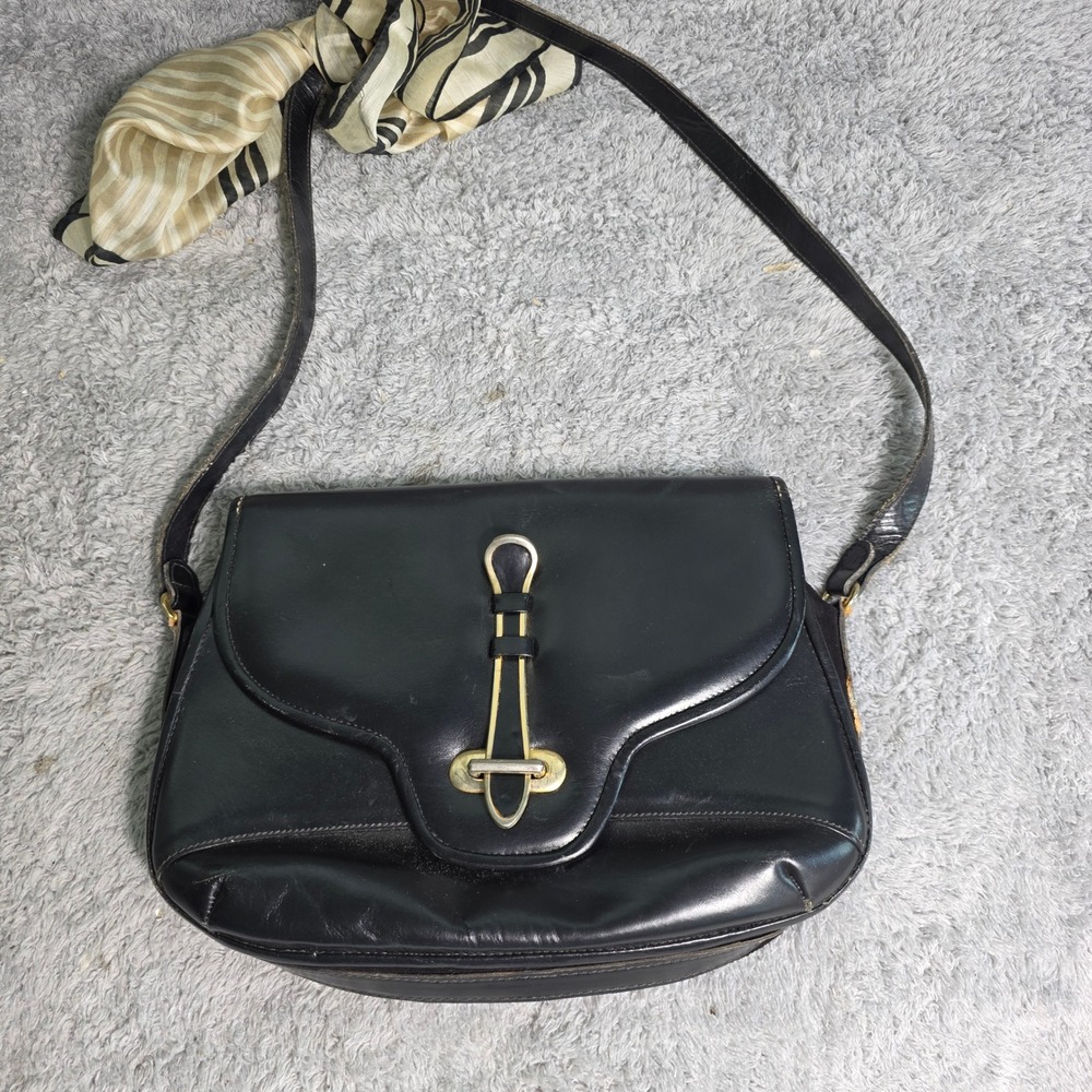 Aldana Vintage Crossbody Purse Bag Black Italian Leather UNIQUE‎ Slide Lock OOAK